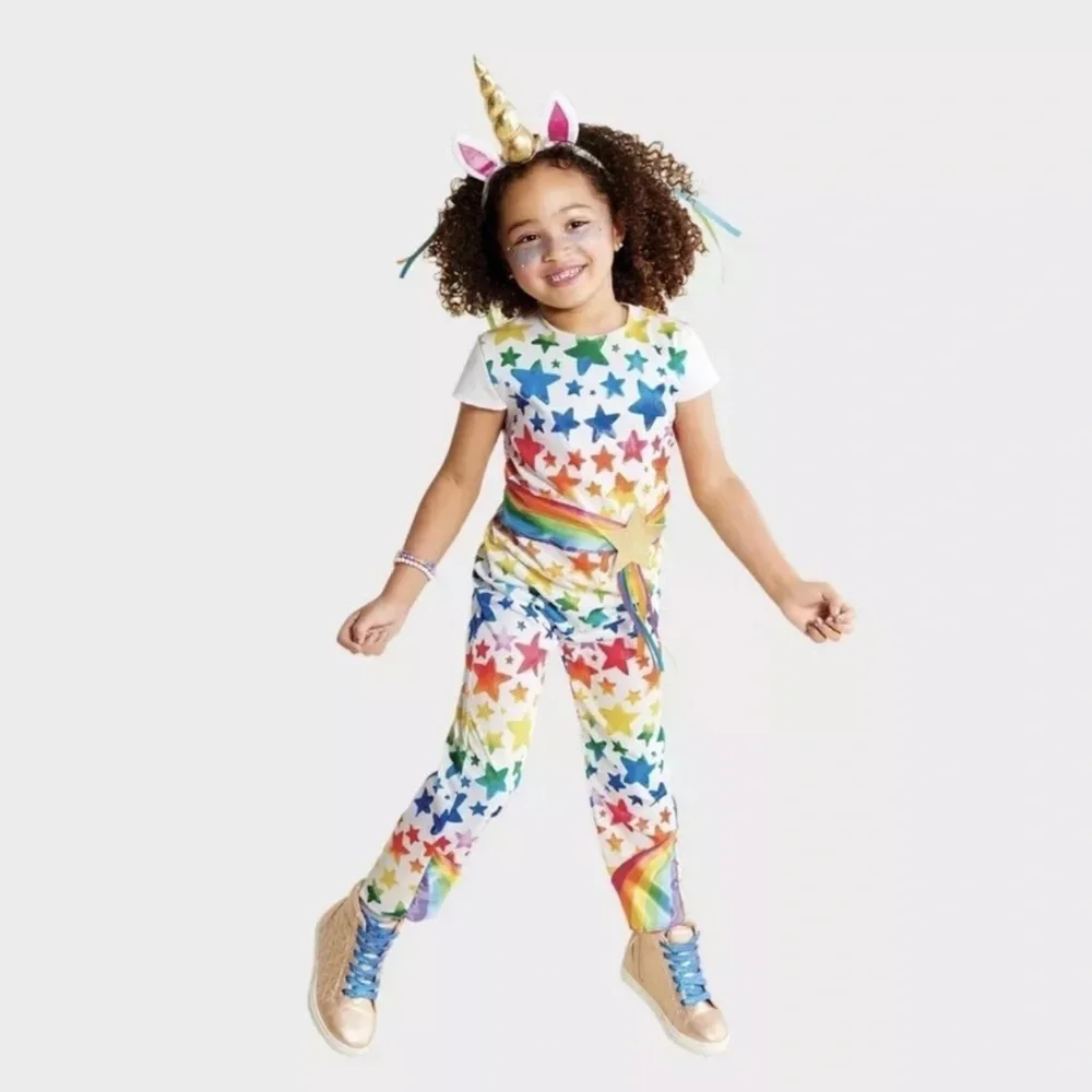 Hyde & Eek Toddler Girls Rainbow Star Unicorn Jumpsuit Costume 4-5T
